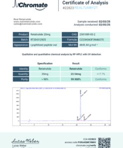 A 20mg retatrutide Certificate of Analysis from Chromate