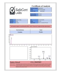 A CERTIFICATE OF ANALYSIS FROM SAFECERT LABS FOR RETATRUTIDE