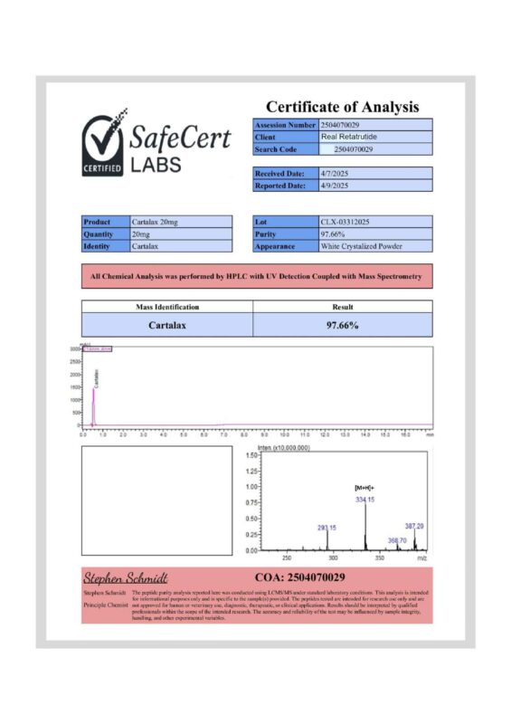 A CERTIFICATE OF ANALYSIS FROM SAFECERT LABS FOR RETATRUTIDE